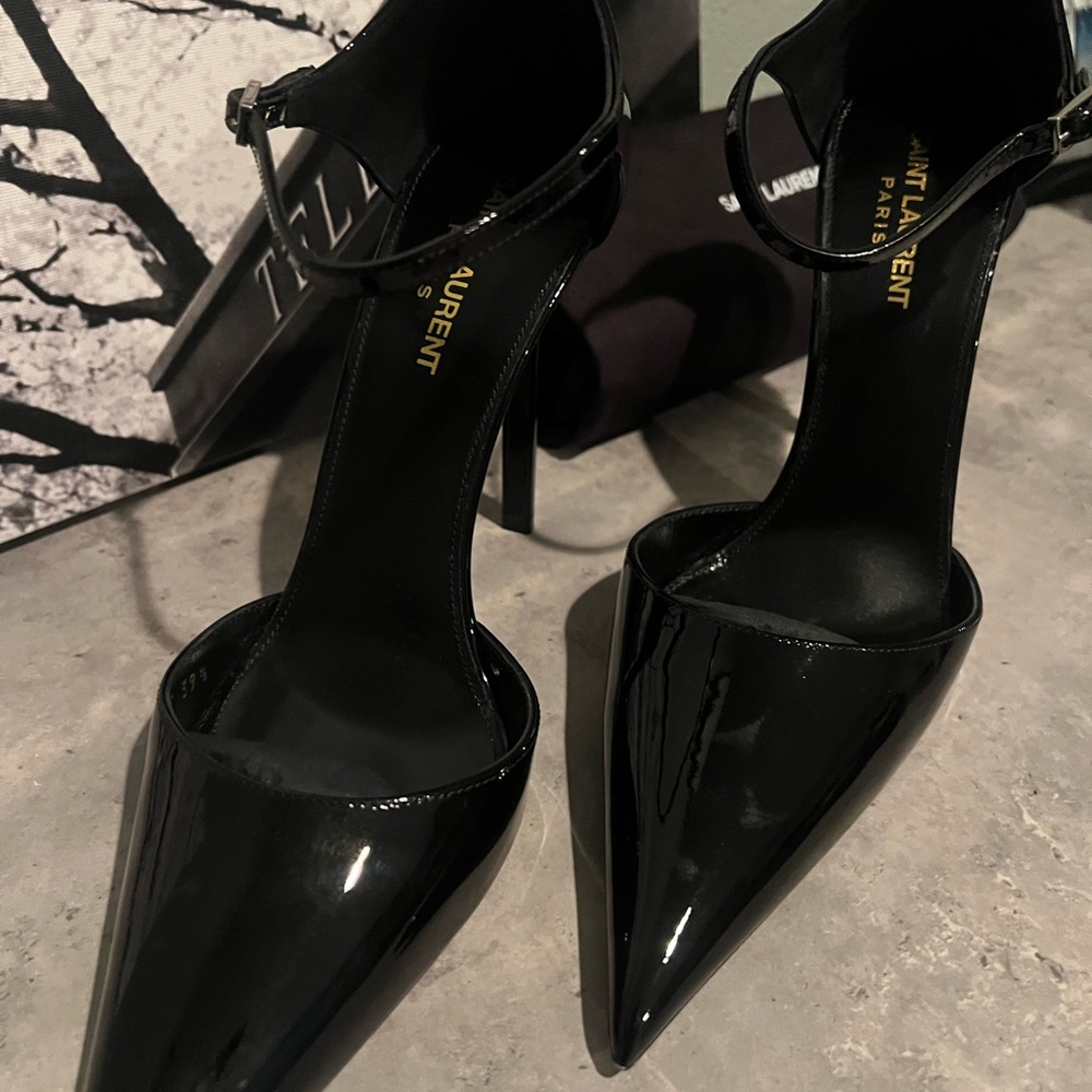 Saint Laurent Black Patent Leather Pointed-Toe Ankle-Strap Heels - Picture 2 of 6